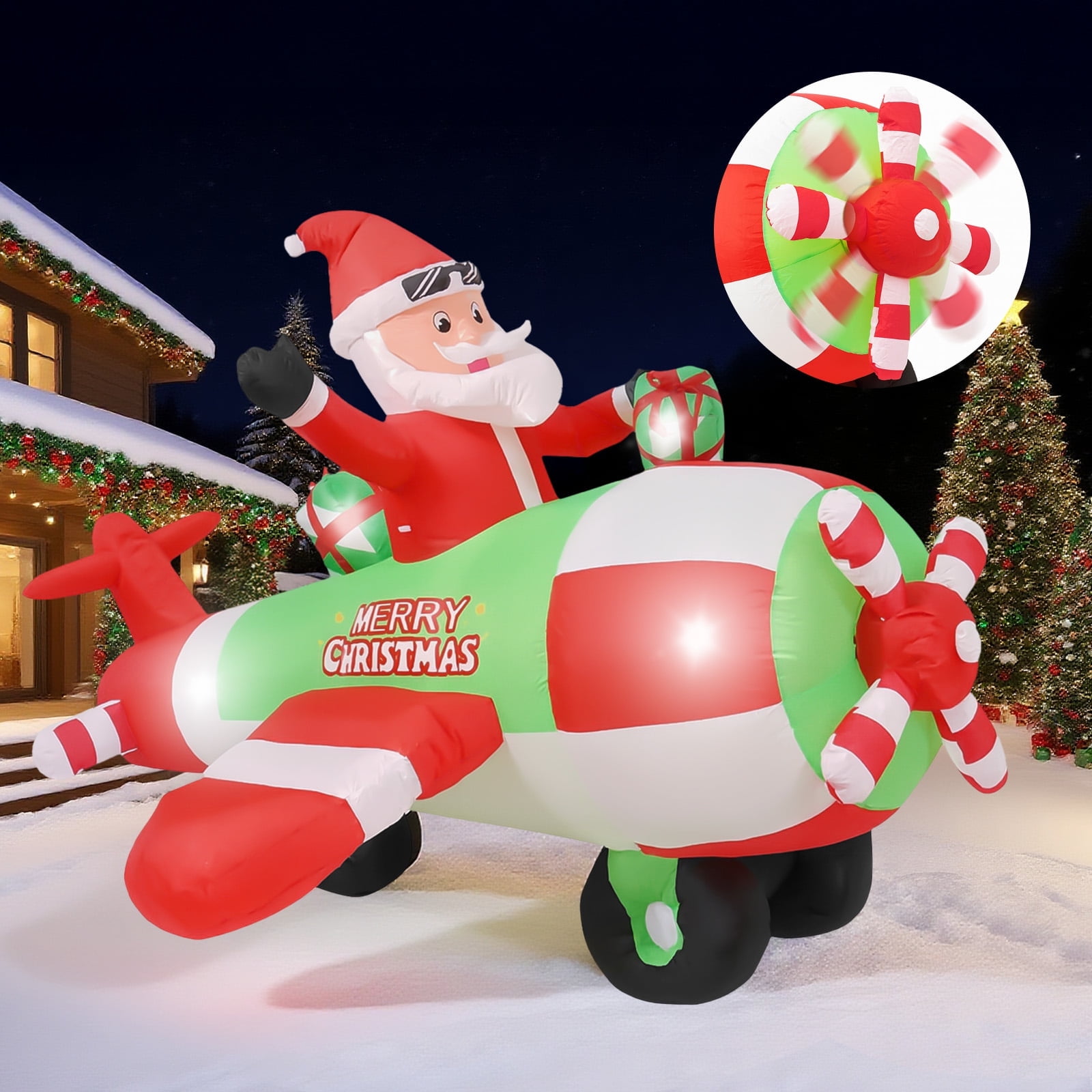 GVDV 9 FT Christmas Inflatables Outdoor Decorations - Giant Santa Pilot with Spinning Propeller & Gifts Box, Blow Up Yard Decoration for Holiday, Party, Yard, Garden