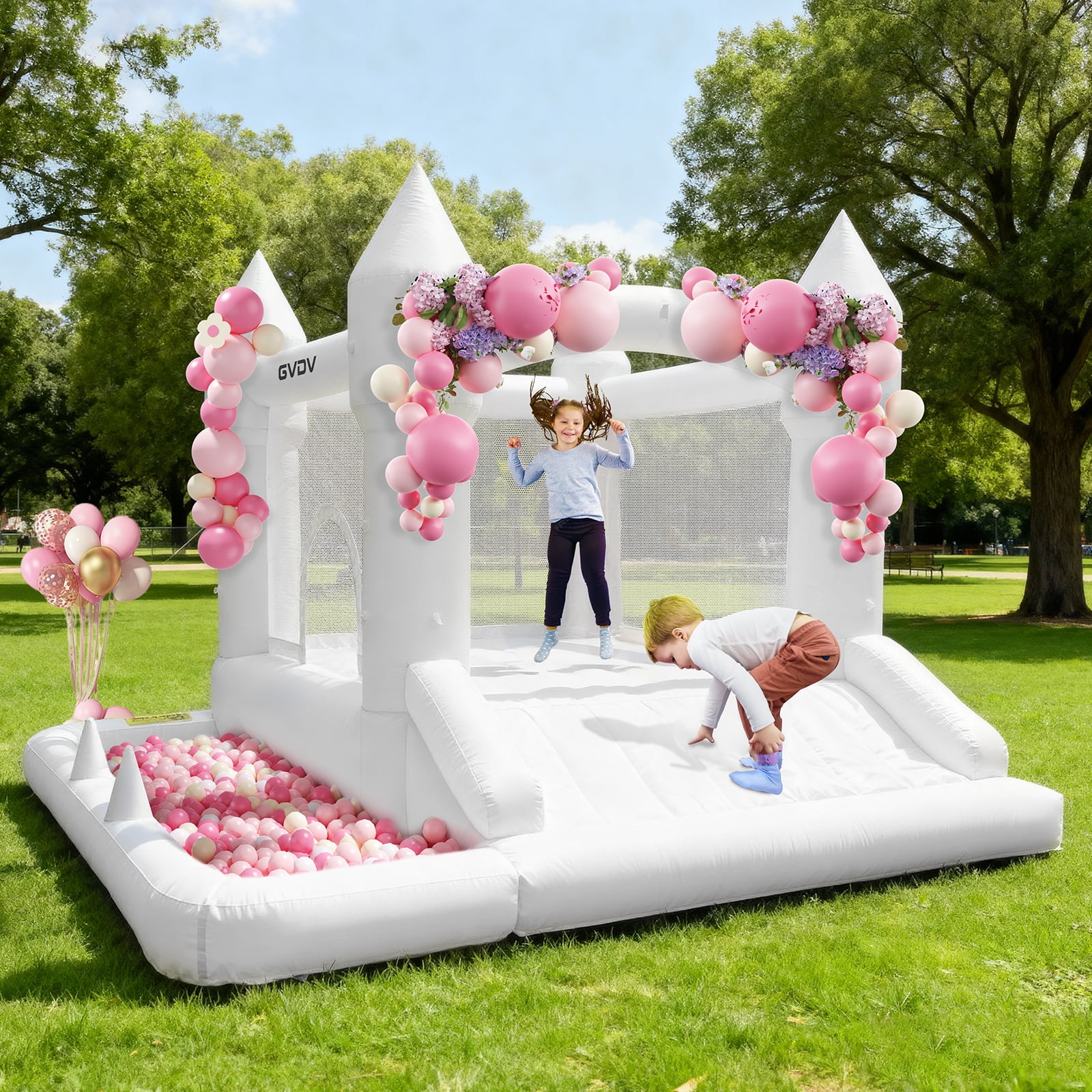 GVDV 9FT Inflatable Bounce House with Slide & 350W Blower, White Jumping Castle for Kids 312, Indoor & Outdoor Wedding or Party Fun