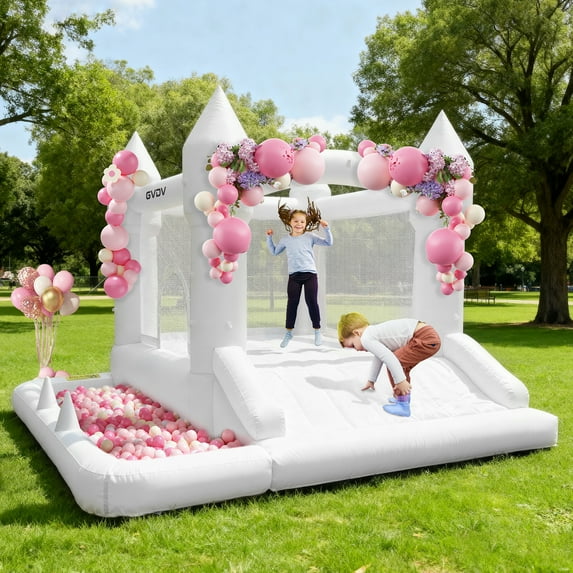 GVDV 9FT Inflatable Bounce House with Slide & 350W Blower, White Jumping Castle for Kids 3–12, Indoor & Outdoor Wedding or Party Fun
