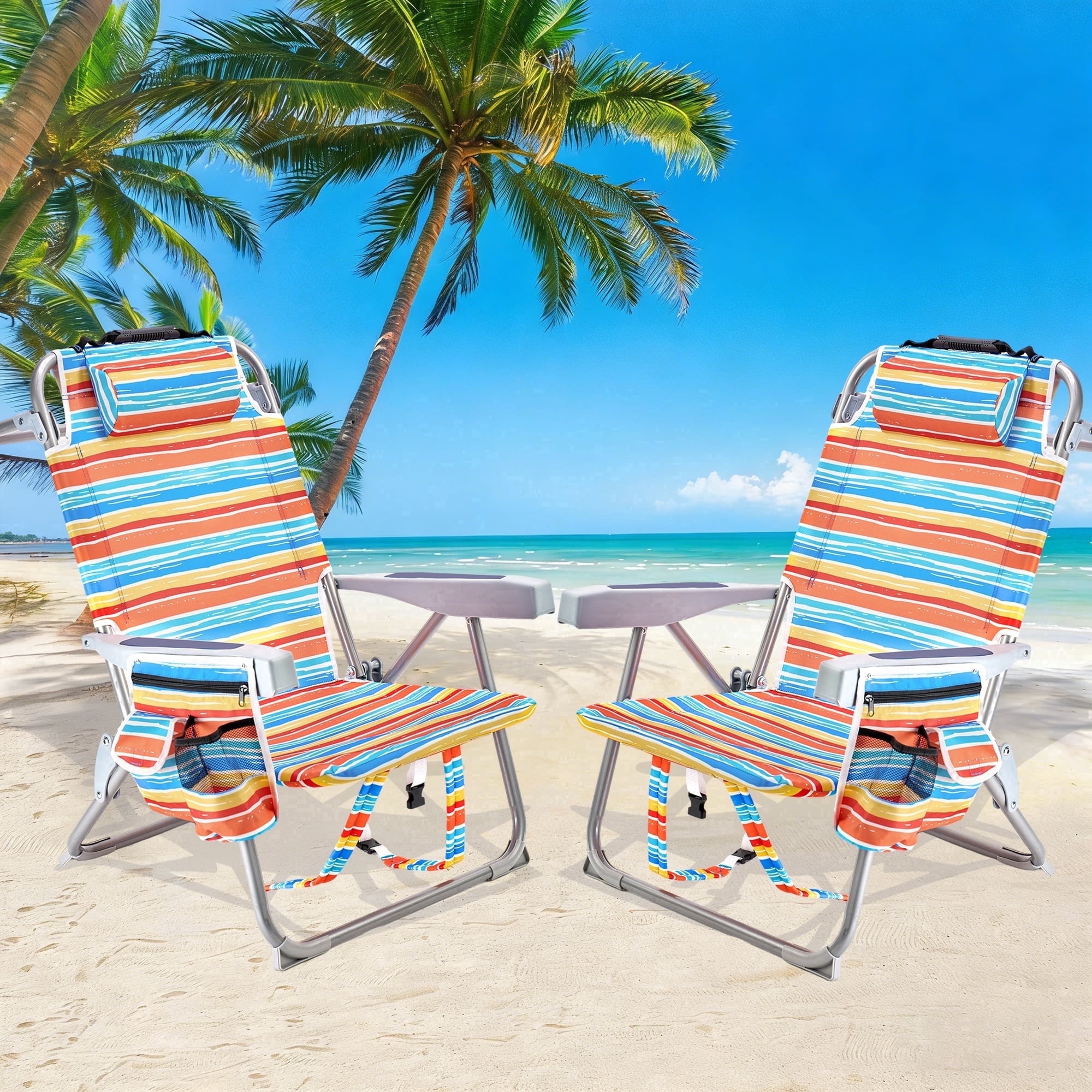 GVDV Backpack Beach Chair Set of 2, Portable Folding Beach Chair with Cup Holder and Towel Bars, 4-Position Adjustable Reclining Chair for Beach, Camp, Outdoor