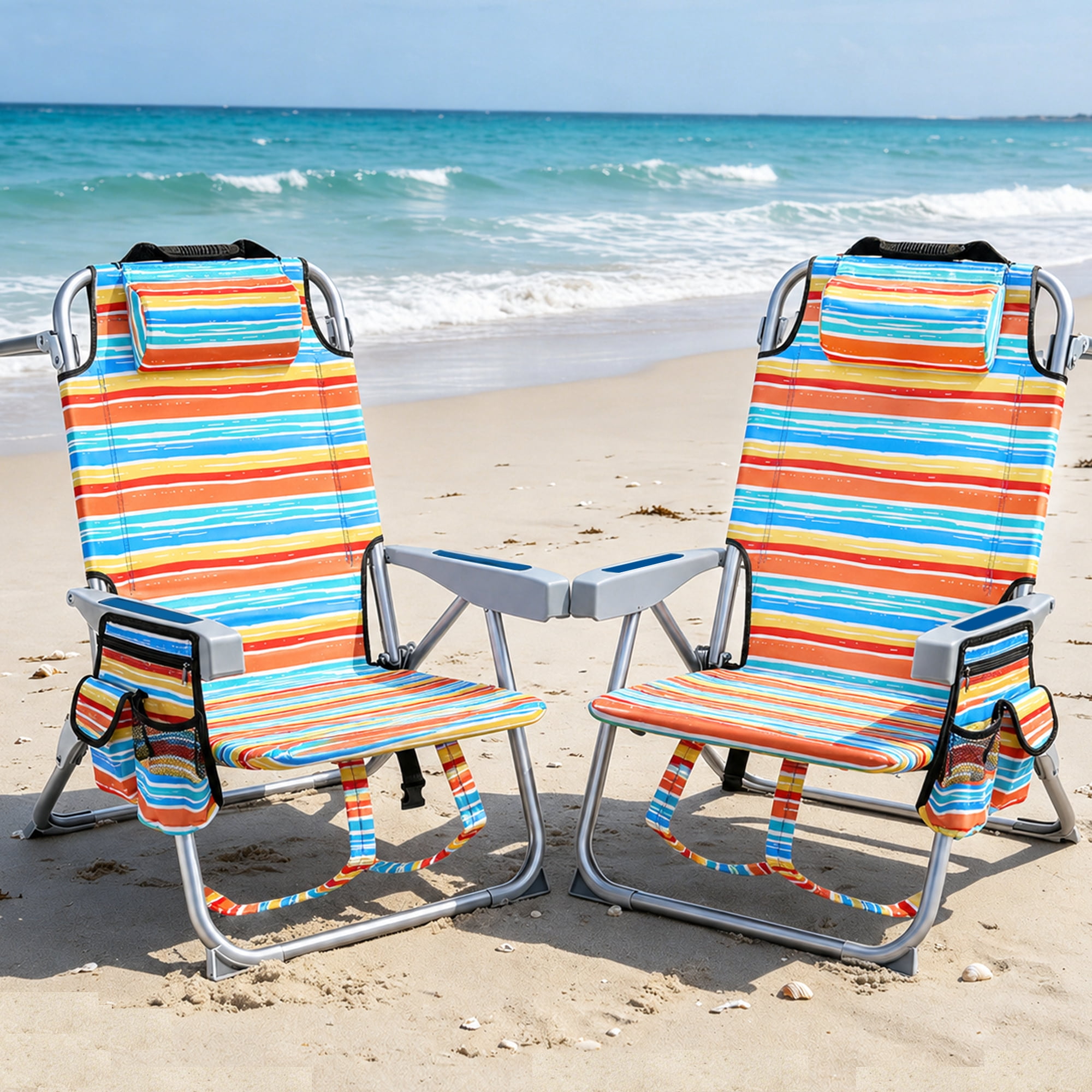 GVDV Backpack Beach Chair Set of 2, Portable Folding Beach Chair with Cup Holder and Towel Bars, 4-Position Adjustable Reclining Chair for Beach, Camp, Outdoor