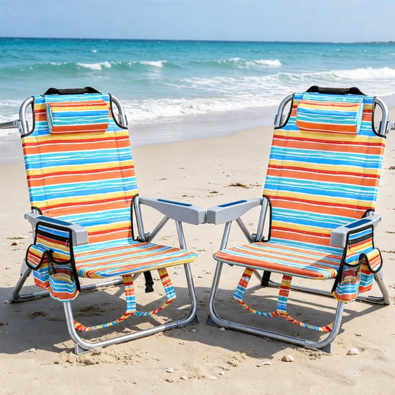 GVDV Backpack Beach Chair Set of 2, Portable Folding Beach Chair with Cup Holder and Towel Bars, 4-Position Adjustable Reclining Chair for Beach, Camp, Outdoor