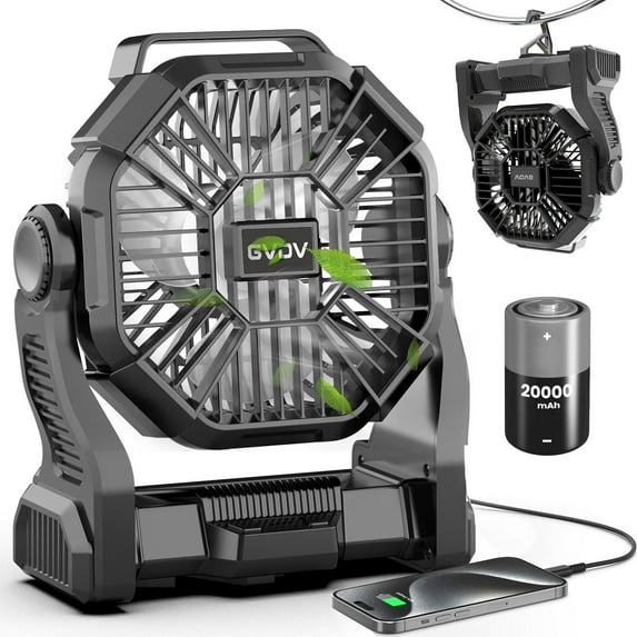 GVDV Camping Fan with LED Lantern, 20000mAh Portable Battery Operated Outdoor Fan, Personal Rechargeable Desk Fan for Travel, Hiking, Fishing, Picnic, Black