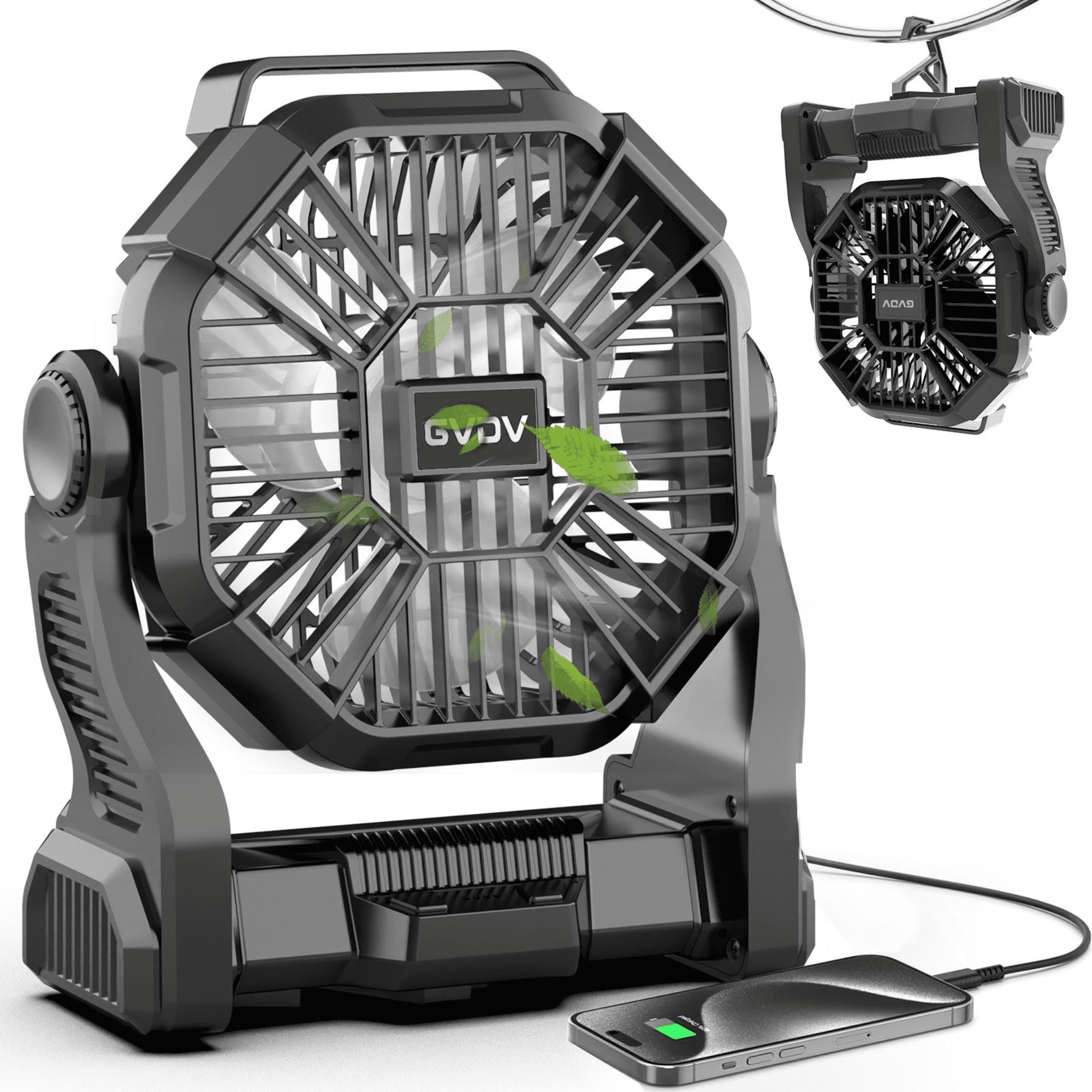 GVDV Camping Fan with LED Lantern, Portable Battery Operated Outdoor Fan, Personal Rechargeable Desk Fan for Travel, Hiking, Fishing, Picnic
