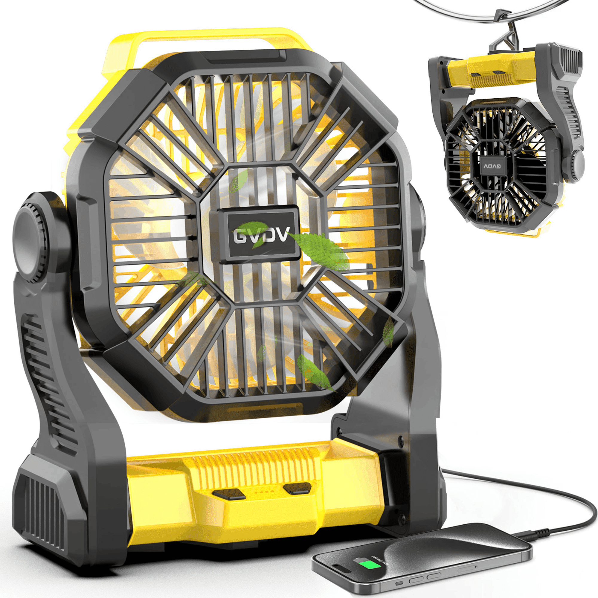 GVDV Camping Fan with LED Lantern, Portable Battery Operated Outdoor Fan, Personal Rechargeable Desk Fan for Travel, Hiking, Fishing, Picnic, Yellow