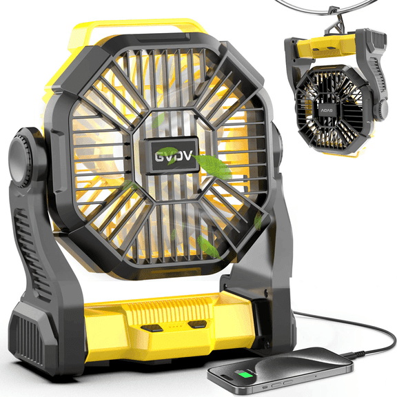 GVDV Camping Fan with LED Lantern, Portable Battery Operated Outdoor Fan, Personal Rechargeable Desk Fan for Travel, Hiking, Fishing, Picnic, Yellow