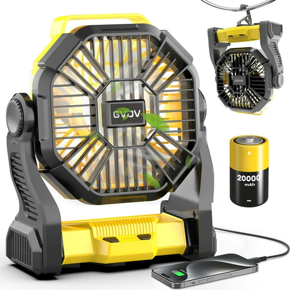 GVDV Camping Fan with LED Lantern, 20000mAh Portable Battery Operated Outdoor Fan, Personal Rechargeable Desk Fan for Travel, Hiking, Fishing, Picnic, Yellow