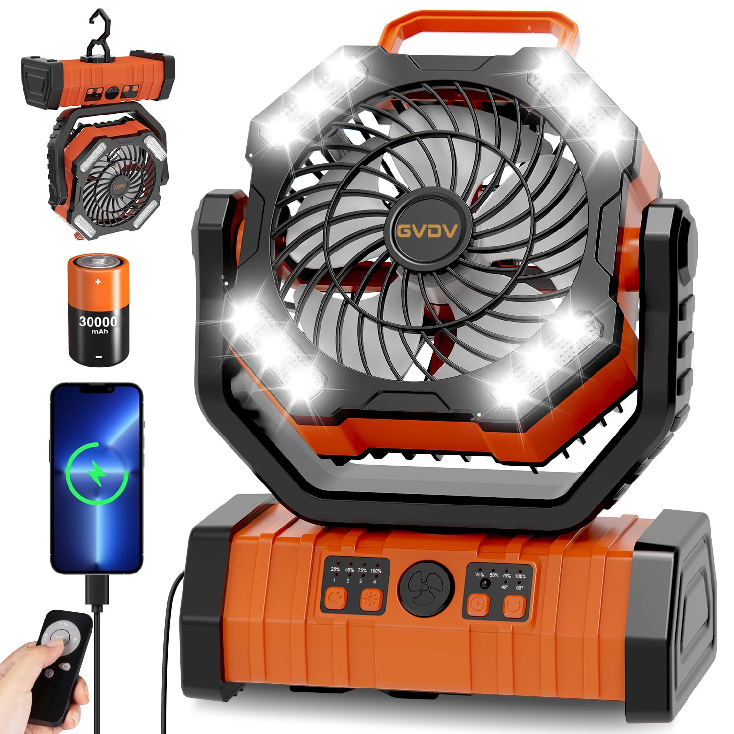 GVDV Camping Fan, Upgraded 30000mAh Portable Battery Operated Outdoor Fan with LED Lights & Remote Control, Personal Rechargeable Desk Fan for Travel, Hiking, Fishing, Picnic, Orange