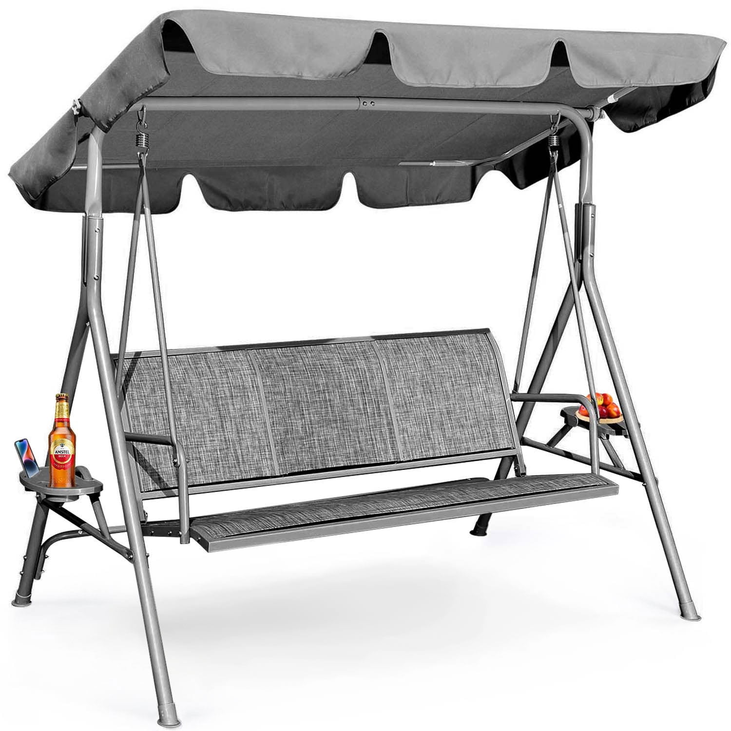 GVDV Canopy Porch Swing with Utility Tray, 3-Seat Steel Outdoor Patio Swing Chair, Gray
