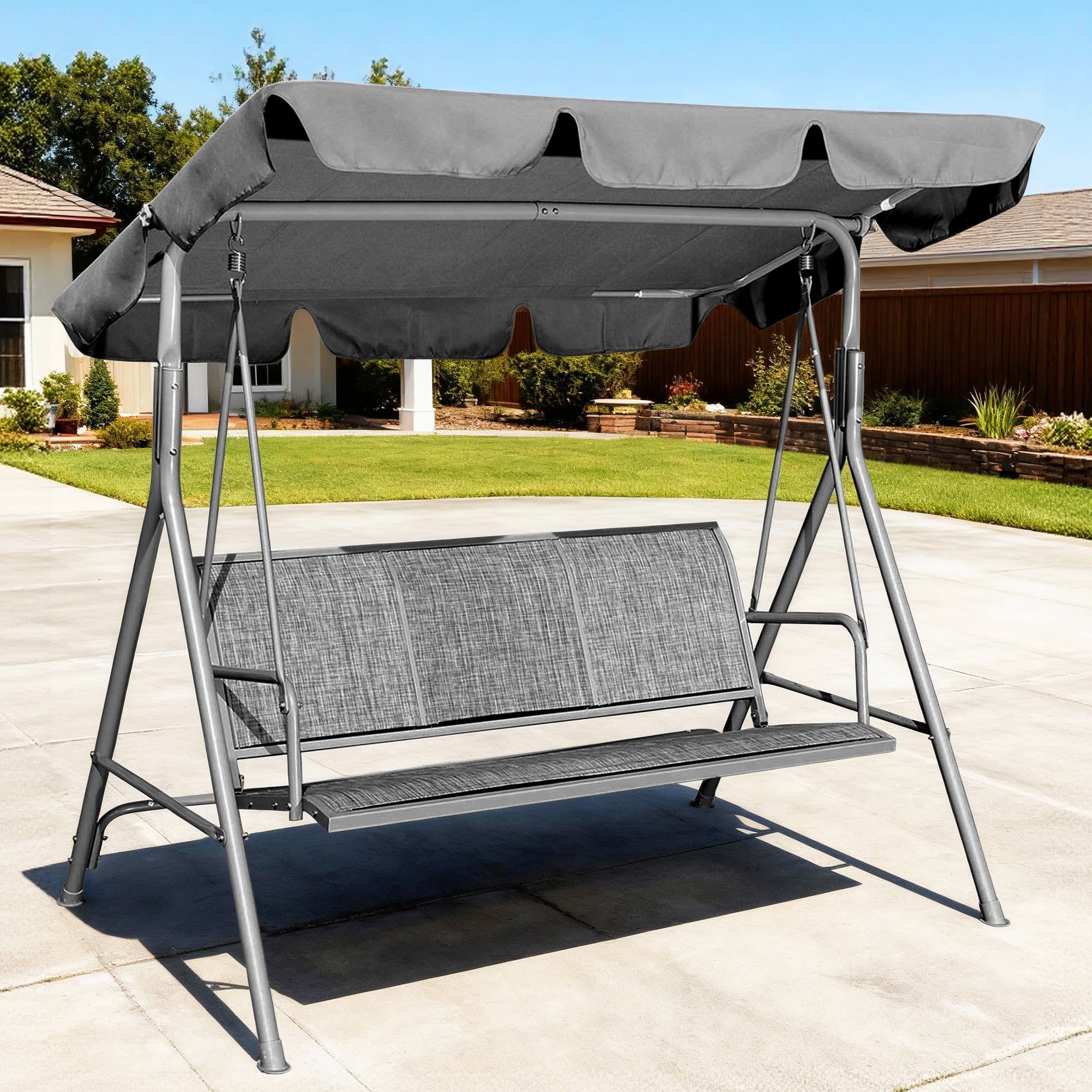 GVDV 3-Seat Porch Swing with Adjustable Canopy, Heavy-Duty Steel Frame Patio Swing Chair with Stand for Outdoor, Garden, Backyard