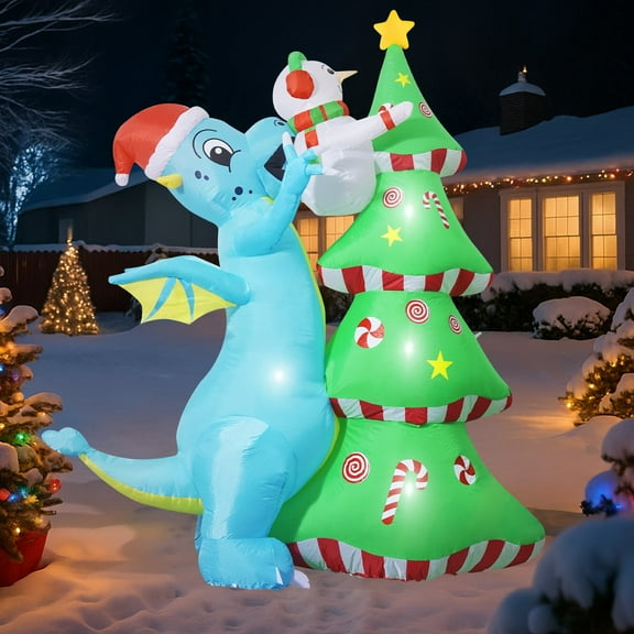 GVDV 7 FT Christmas Inflatable - Dino & Tree with Snowman, Outdoor Blow Up Decor for Yard, Garden, Holiday Party