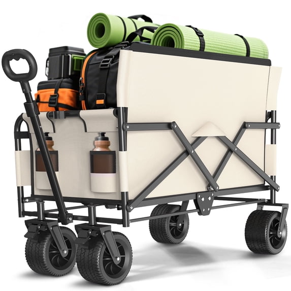 GVDV Heavy Duty Folding Wagon with Bench Seat – 580lbs Large Collapsible Cart for Beach, Camping, Shopping, Tailgating, Sports & Groceries, Beige