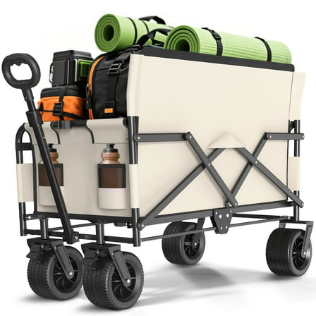 GVDV Heavy Duty Folding Wagon with Bench Seat – 550lbs/220L Large Collapsible Cart for Beach, Camping, Shopping, Tailgating, Sports & Groceries, Beige