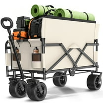 GVDV Heavy Duty Folding Wagon with Bench Seat – 550lbs/220L Large Collapsible Cart for Beach, Camping, Shopping, Tailgating, Sports & Groceries, Beige