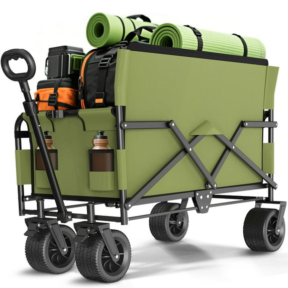 GVDV Heavy Duty Folding Wagon with Bench Seat – 550lbs/220L Large Collapsible Cart for Beach, Camping, Shopping, Tailgating, Sports & Groceries, Green