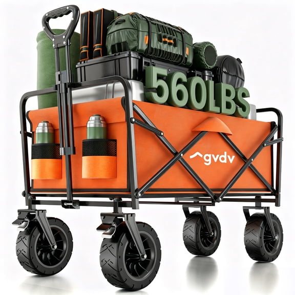 GVDV Collapsible Folding Wagon, 560LBS Large Heavy Duty Utility Cart with All-Terrain Wheels and Adjustable Handles for Shopping, Camping, Sports, Outdoor, Beach, Orange