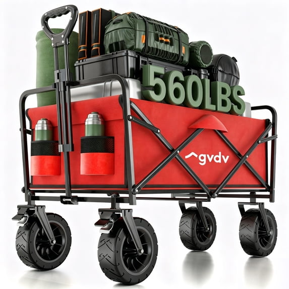 GVDV Collapsible Folding Wagon, 560LBS Large Heavy Duty Utility Cart with All-Terrain Wheels and Adjustable Handles for Shopping, Camping, Sports, Outdoor, Beach, Red
