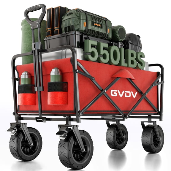 GVDV Collapsible Folding Wagon, 550LBS Large Heavy Duty Utility Cart with All-Terrain Wheels and Adjustable Handles for Shopping, Camping, Sports, Outdoor, Beach, Red