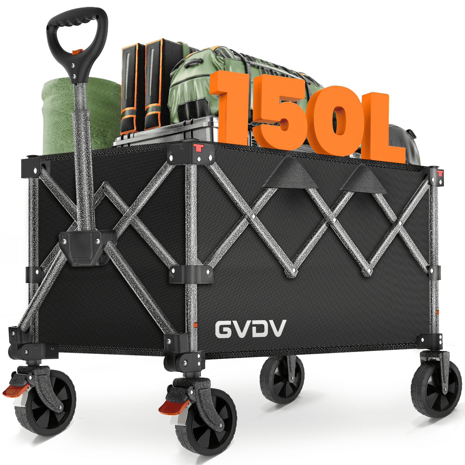 GVDV Collapsible Wagon Cart, 5.3 Cu. ft. (150 L), All-Terrain Wheels, Portable Utility Wagon for Camping, Beach, Picnic, Shopping, Sports, and Grocery Transport (Black)