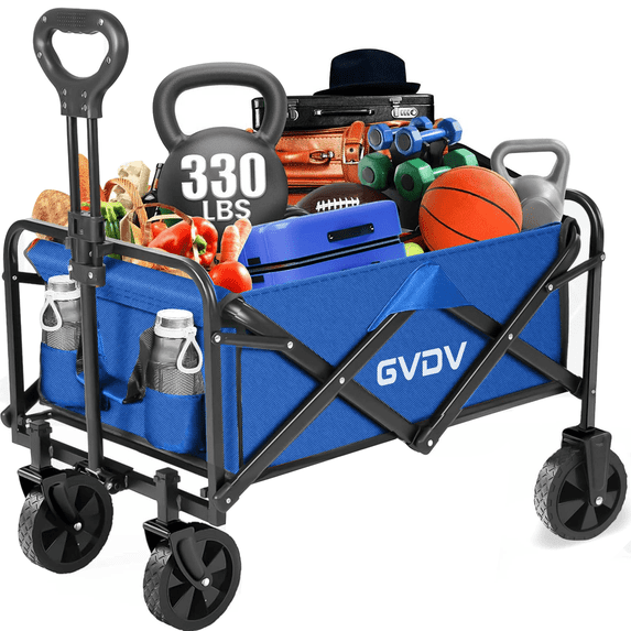 GVDV Collapsible Wagon Cart, Heavy Duty Utility Folding Wagon with All-Terrain Wheels, Portable Cart for Camping, Beach, Sports, Shopping, Blue