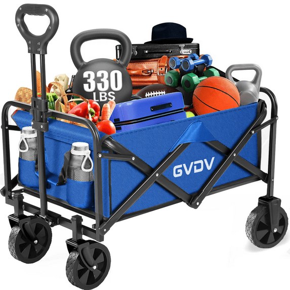 GVDV Collapsible Wagon Cart, Portable Utility Wagon for Camping, Beach, Picnic, Shopping, Sports, and Grocery Transport, Blue