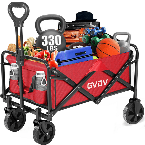 GVDV Collapsible Wagon Cart, Portable Utility Wagon for Camping, Beach, Picnic, Shopping, Sports, and Grocery Transport, Red