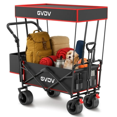 GVDV Collapsible Wagon Cart with Removable Canopy, Foldable Utility Cart with All-terrain Wheels, Versatile Folding Wagon for Kids, Grocery, Shopping and Camping, Black