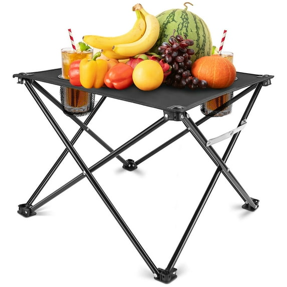 GVDV Folding Camping Side Table,Outdoor Portable Camping Table W/2 Cup Holders&Carrying Bag,Steel Frame,600D Oxford Fabric,Lightweight Foldable Table for Beach Picnic Hiking Fishing