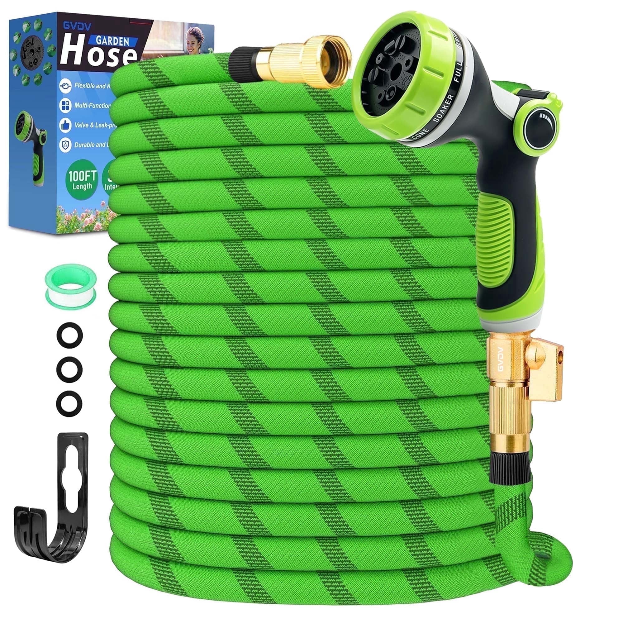 GVDV Garden Hose, 3/4" x 100ft Water Hose with 10 Function Spray Nozzle, Light Weight, 375Psi