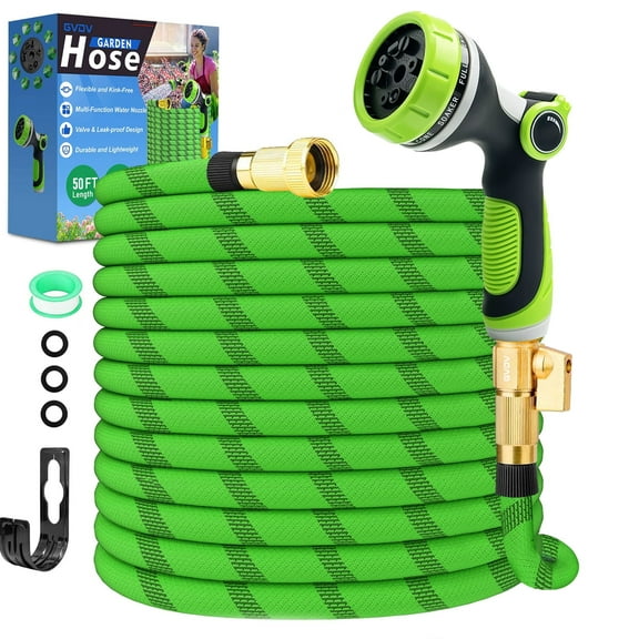 GVDV Garden Hose, 3/4" x 50ft Water Hose with 10 Function Spray Nozzle, Leakproof, Light Weight, 375Psi