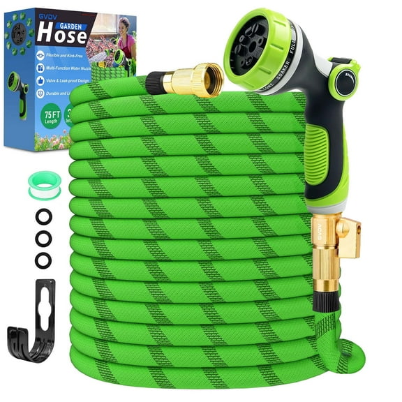 GVDV Garden Hose, 3/4" x 75ft Water Hose with 10 Function Spray Nozzle, Leakproof, Light Weight, 375Psi