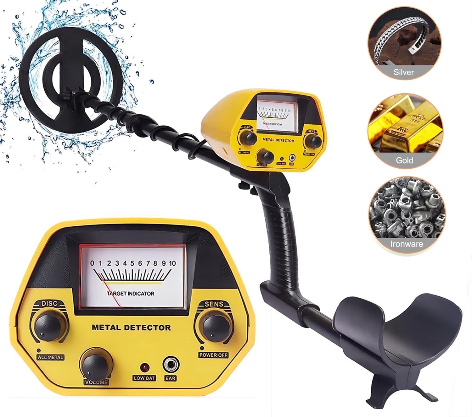 Vemingo Gold LCD Battery Metal Detector, with 33"-42" Adjustable Stem and 8" Waterproof Coil for Kids Adults