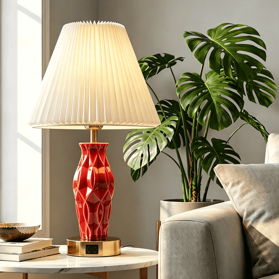 GVDV HOME 18" Table Lamp with USB A&C Ports, Touch Control 3 Way Dimmable, Resin Bedside Lamp, for Bedroom Living Room Office, Red