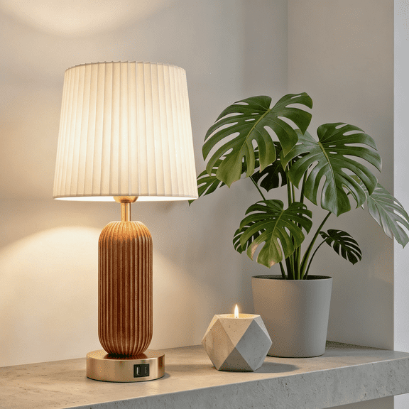 GVDV HOME 18" Table Lamp with USB A&C Ports, Touch Control 3 Way Dimmable, Vertical Ribbed Resin Bedside Lamp, for Bedroom Living Room Office