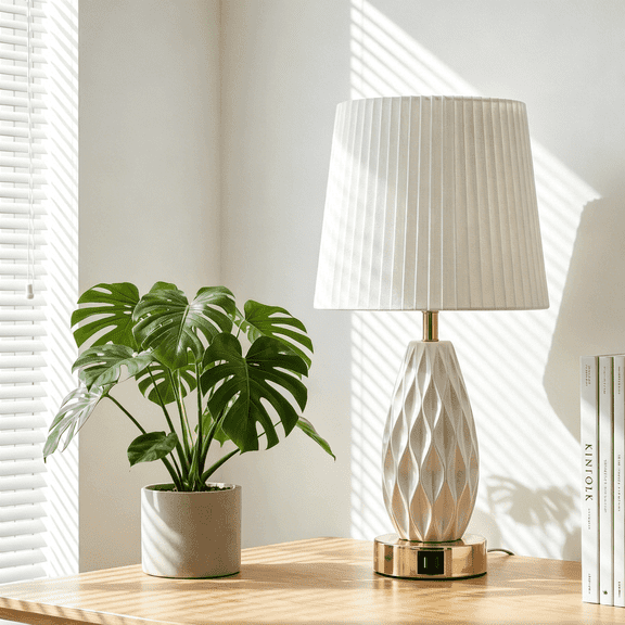 GVDV HOME 18" Table Lamp with USB A&C Ports, Touch Control 3 Way Dimmable, Wave Texture Resin Bedside Lamp, for Bedroom Living Room Office, White