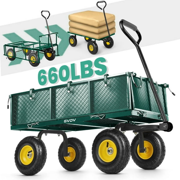 GVDV Heavy Duty Steel Garden Cart with Liner, 660lbs Capacity, 3 Cu ft, 10" All-Terrain Wheels, Black/Green – Durable Utility Cart for Yard Work, Hauling, and Outdoor Use