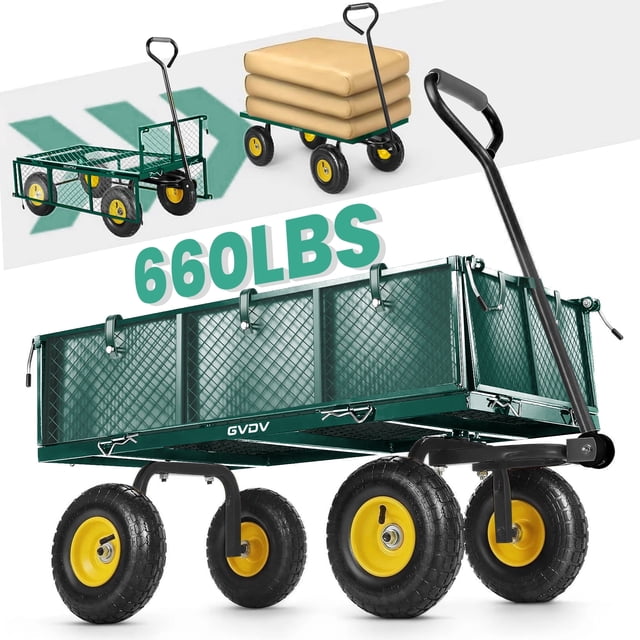 GVDV Heavy Duty Steel Garden Cart with Liner, 40" x 20", 660lbs Capacity, 10" Wheels, Utility Cart for Yard Work Hauling and Outdoor Use, Black/Green