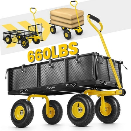 GVDV Heavy Duty Steel Garden Cart with Liner, 660lbs Capacity, 3 Cu ft, 10" All-Terrain Wheels, Black/Yellow – Durable Utility Cart for Yard Work, Hauling, and Outdoor Use
