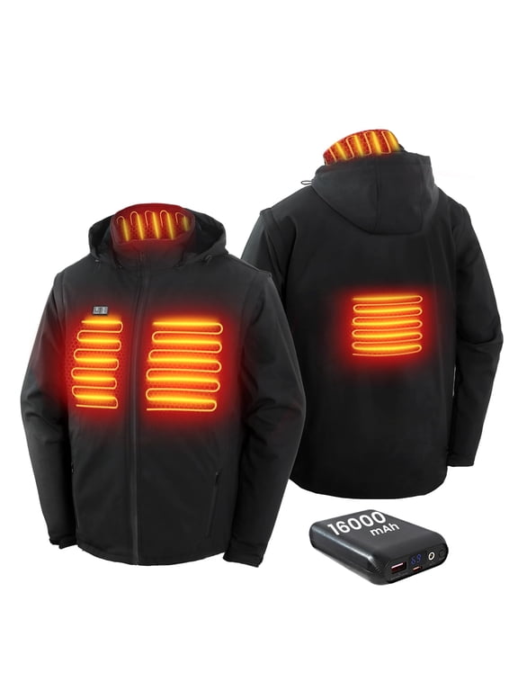 Mens Heated Jacket with 7.4V/16000mAh Battery Pack, Detachable Sleeves Heated Vest, 4 Heating Zones Winter Jacket for Men, Black