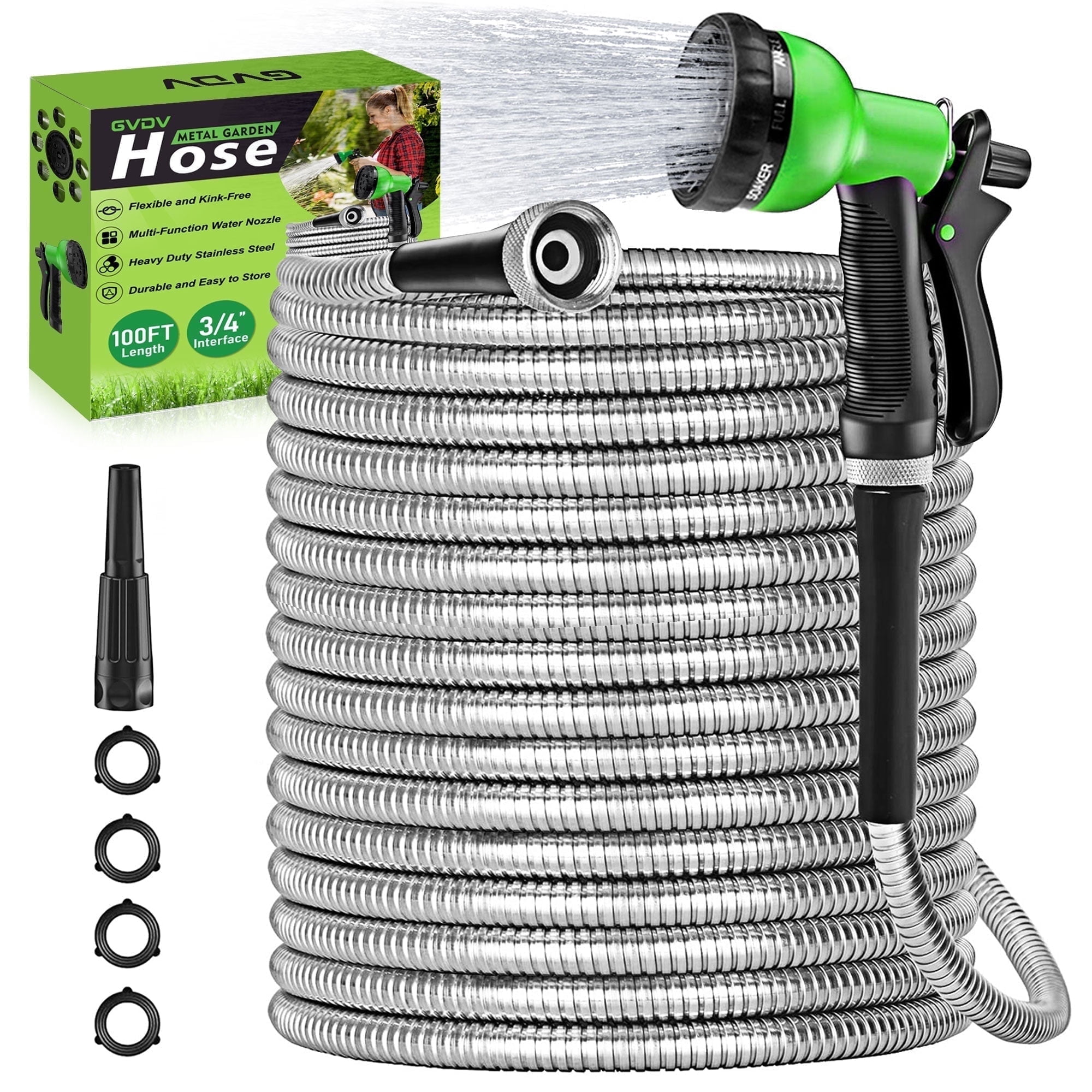 HadinEEon 100ft Stainless Steel Garden Hose for Lawn, Adjustable Spray Nozzle, Leak & Puncture Proof, Kink Free