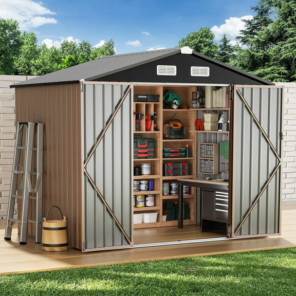 GVDV Metal Shed, 8 x 6 ft Metal Outdoor Storage Shed with Updated Frame, Lockable Doors & Waterproof, Brown