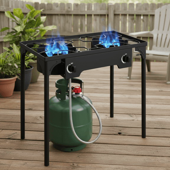 GVDV Outdoor Camping Stove, Double Burners Propane Gas Stove for Cooking BBQ Grill, 150,000-BTU, Black