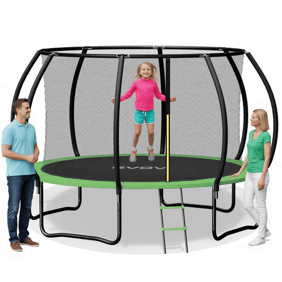 GVDV Outdoor Trampoline, 10' Backyard Recreational Pumpkin Trampoline for Kids with Enclosure