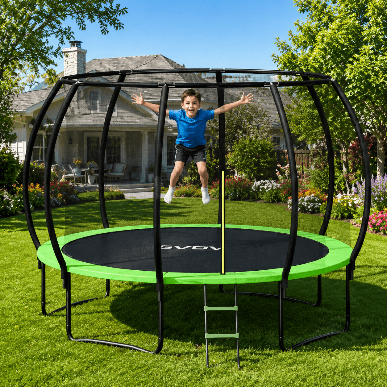 GVDV Outdoor Trampoline, 10' Backyard Recreational Pumpkin Trampoline for Kids with Enclosure