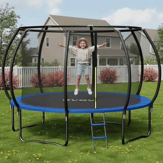 GVDV 10FT Outdoor Trampoline, Backyard Recreational Pumpkin Trampoline with Enclosure for Kids