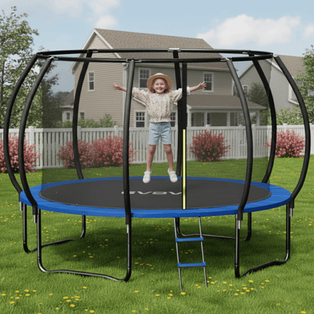 GVDV 10FT Outdoor Trampoline, Backyard Recreational Pumpkin Trampoline with Enclosure for Kids
