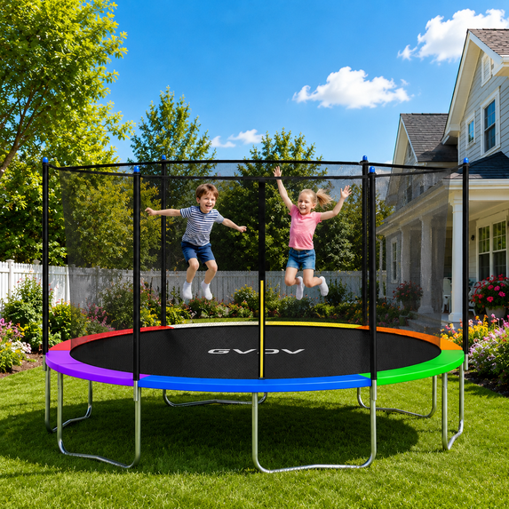 GVDV Outdoor Trampoline, 14' Backyard Recreational Trampoline with Enclosure for Kids & Adults
