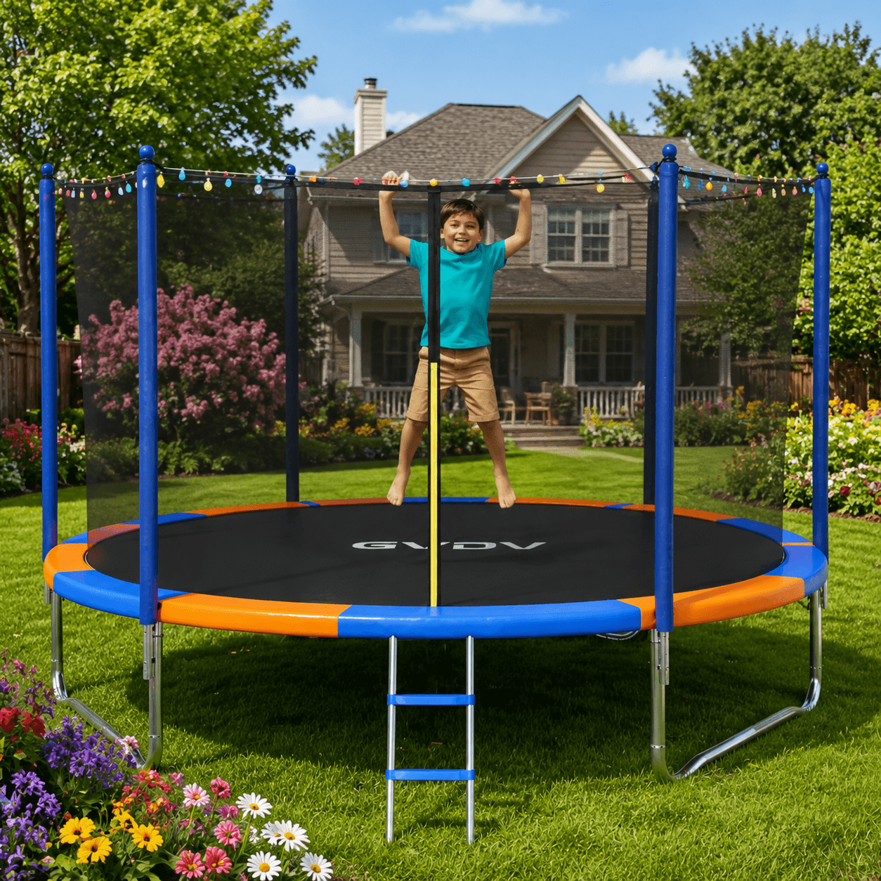 GVDV Outdoor Trampoline, 8' Backyard Recreational Trampoline with Enclosure for Kids & Adults