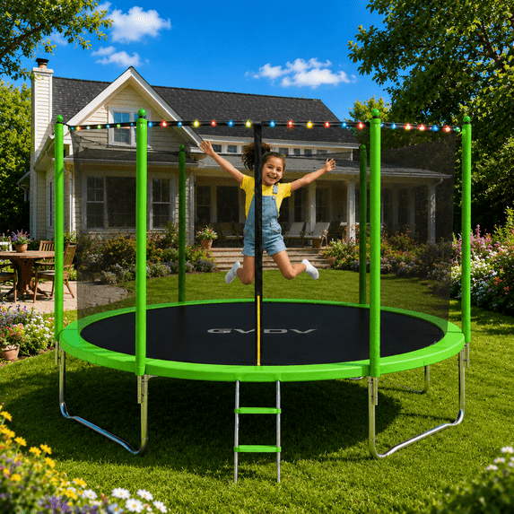 GVDV Outdoor Trampoline, 10' Backyard Recreational Trampoline with Enclosure for Kids & Adults