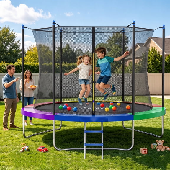 GVDV Outdoor Trampoline, 10' Backyard Recreational Trampoline with Enclosure for Kids & Adults